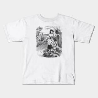 Idyllic Rustic Scene with a Girl and a Shepherd. Black and White Vintage Illustration Kids T-Shirt